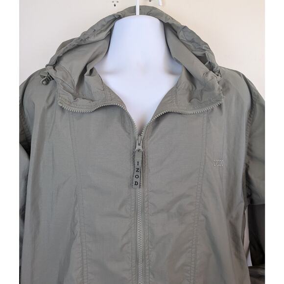 IZOD Golf Mens Windbreaker Jacket Large Green Hooded Multi Pocket Lightweight - Picture 2 of 11